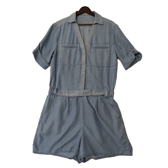 All Saints Jada Playsuit Romper Size 10 Lyocell Belt Chambray Shorts Pockets - Picture 3 of 12